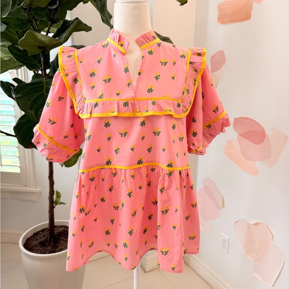 Umgee Pink Floral Blouse with Yellow Trim - Picture 3 of 3